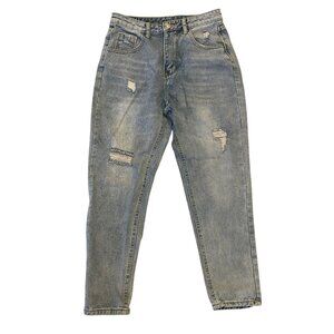 SHEIN High-Waisted Distressed Mom Jeans - Small Light Wash Tapered Boyfriend Fit